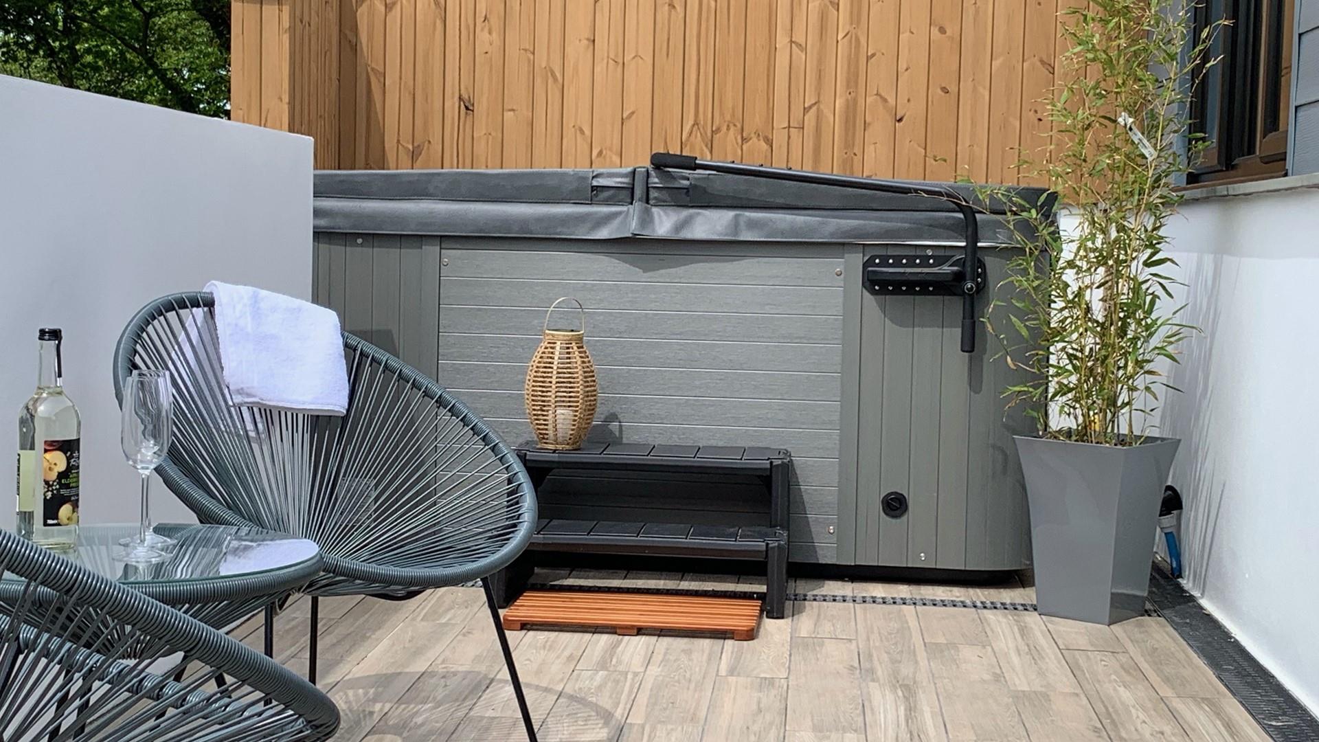 Take a dip in the steamy hot tub as the sun comes down.