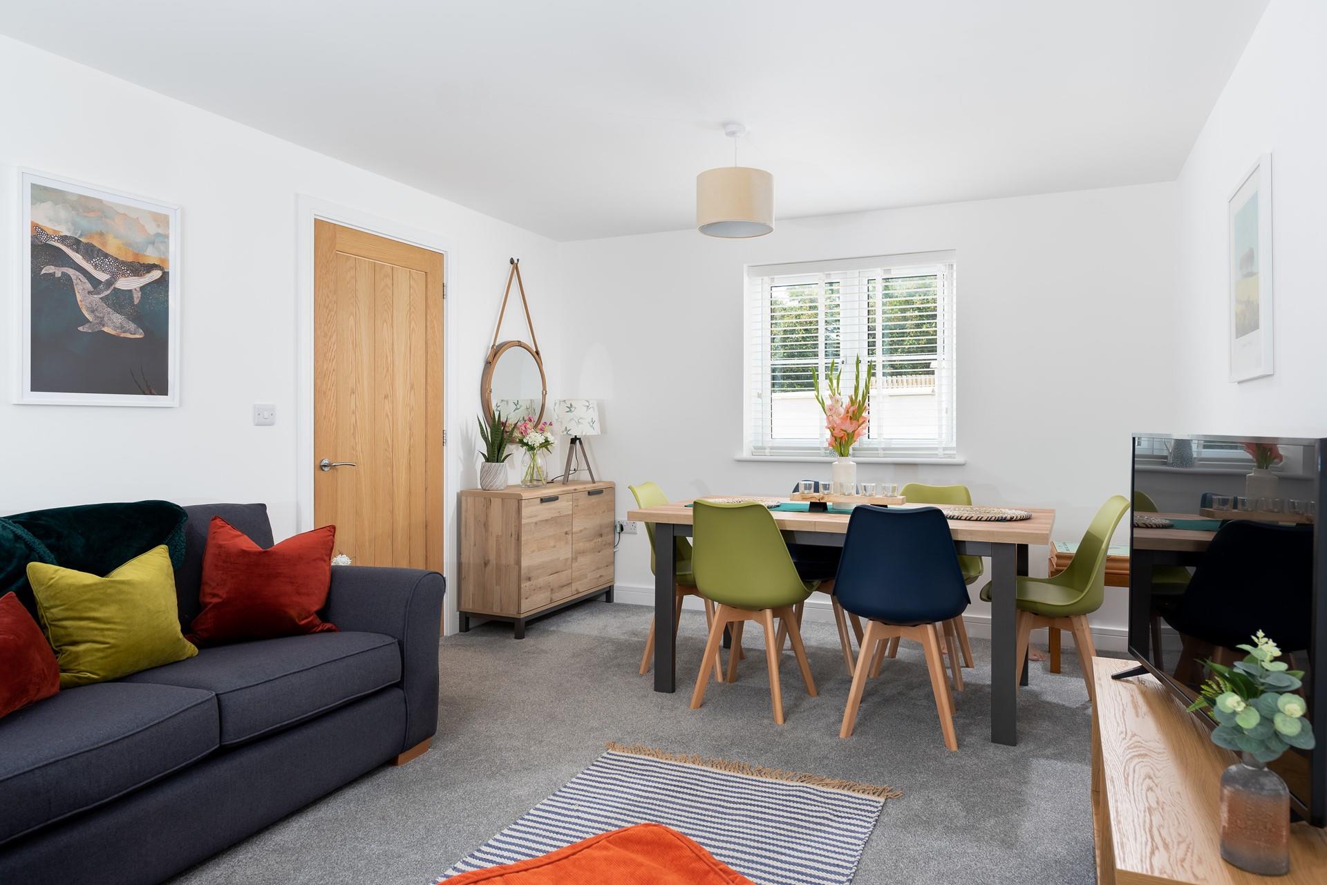 Enjoy family gatherings in this modern sitting, dining room.