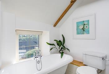 Bath time bliss; a roll-top tub with Cornish countryside views. 