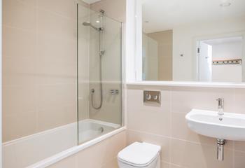 The modern bathroom is equipped with a shower over bath. 