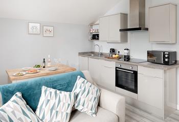 Contemporary features and bright decor in the living space.