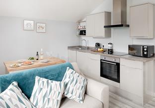 Contemporary features and bright decor in the living space.