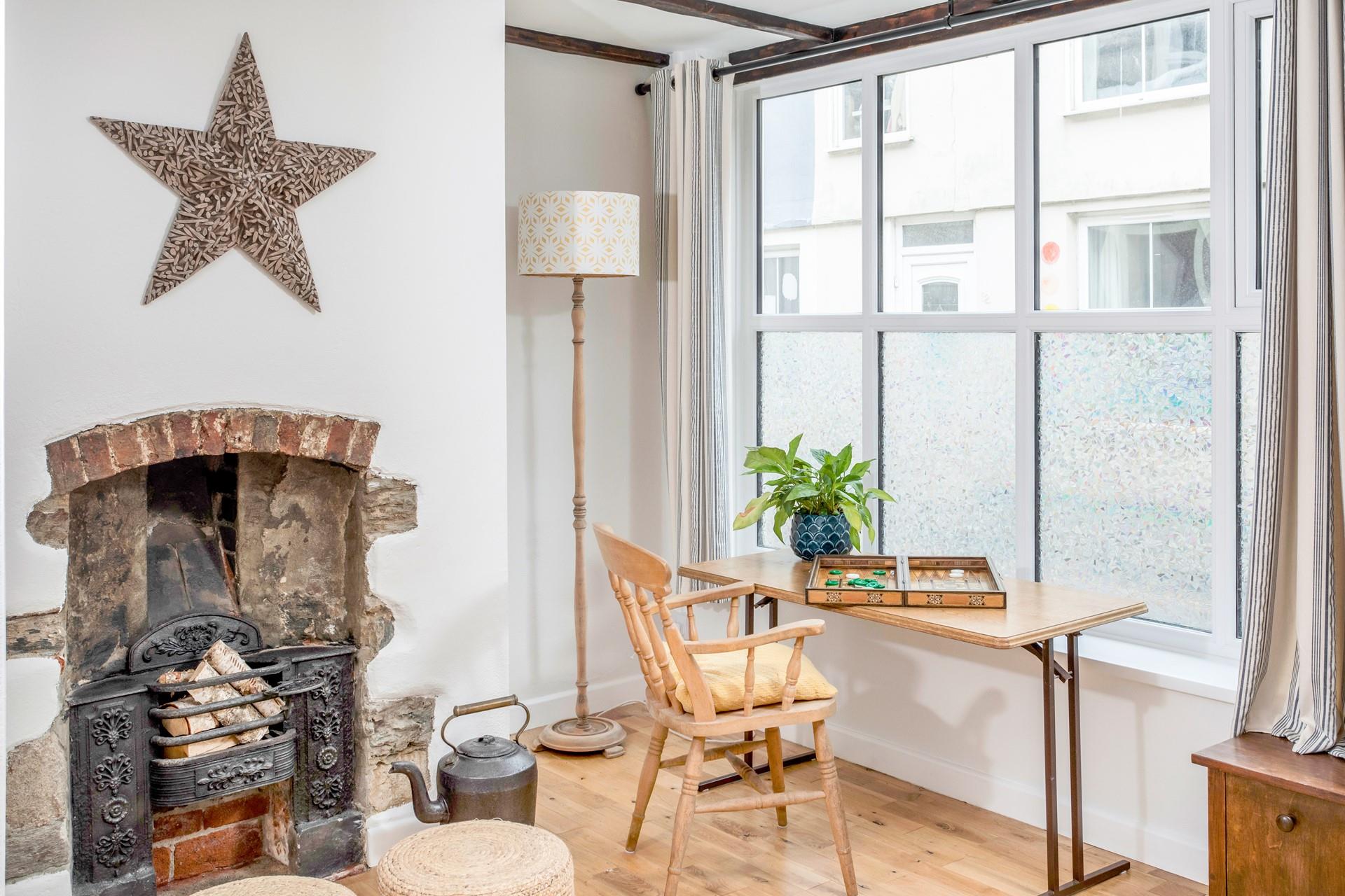 A quaint corner with rustic cottage features.