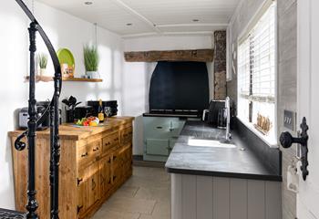 The beautiful kitchen blends old and new perfectly.