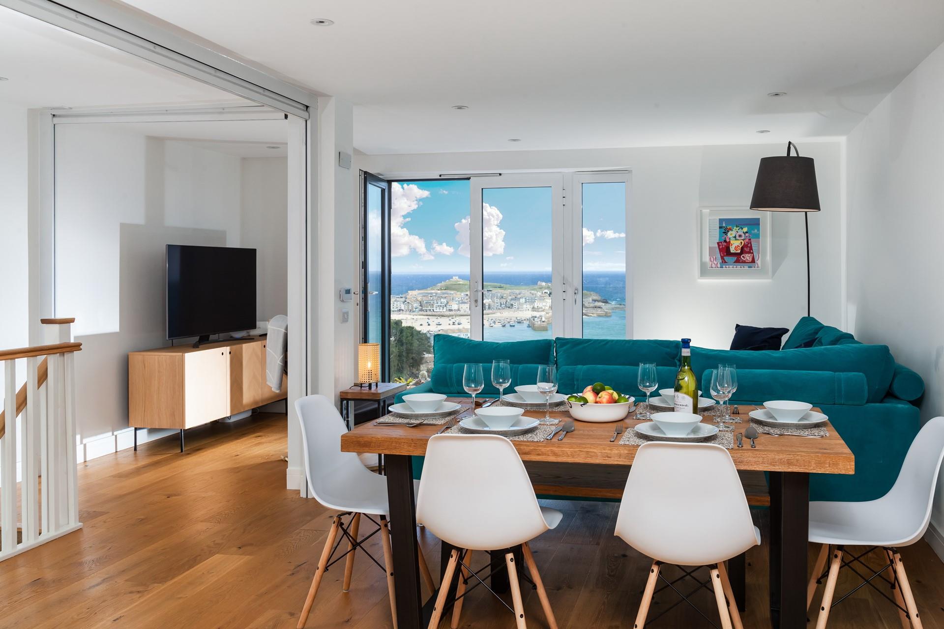 Stunning views of St Ives can be enjoyed from the open plan living space.