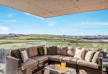The apartment offers views of Newquay golf course and beyond.