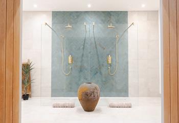 The double rainfall shower offers an invigorating morning shower.