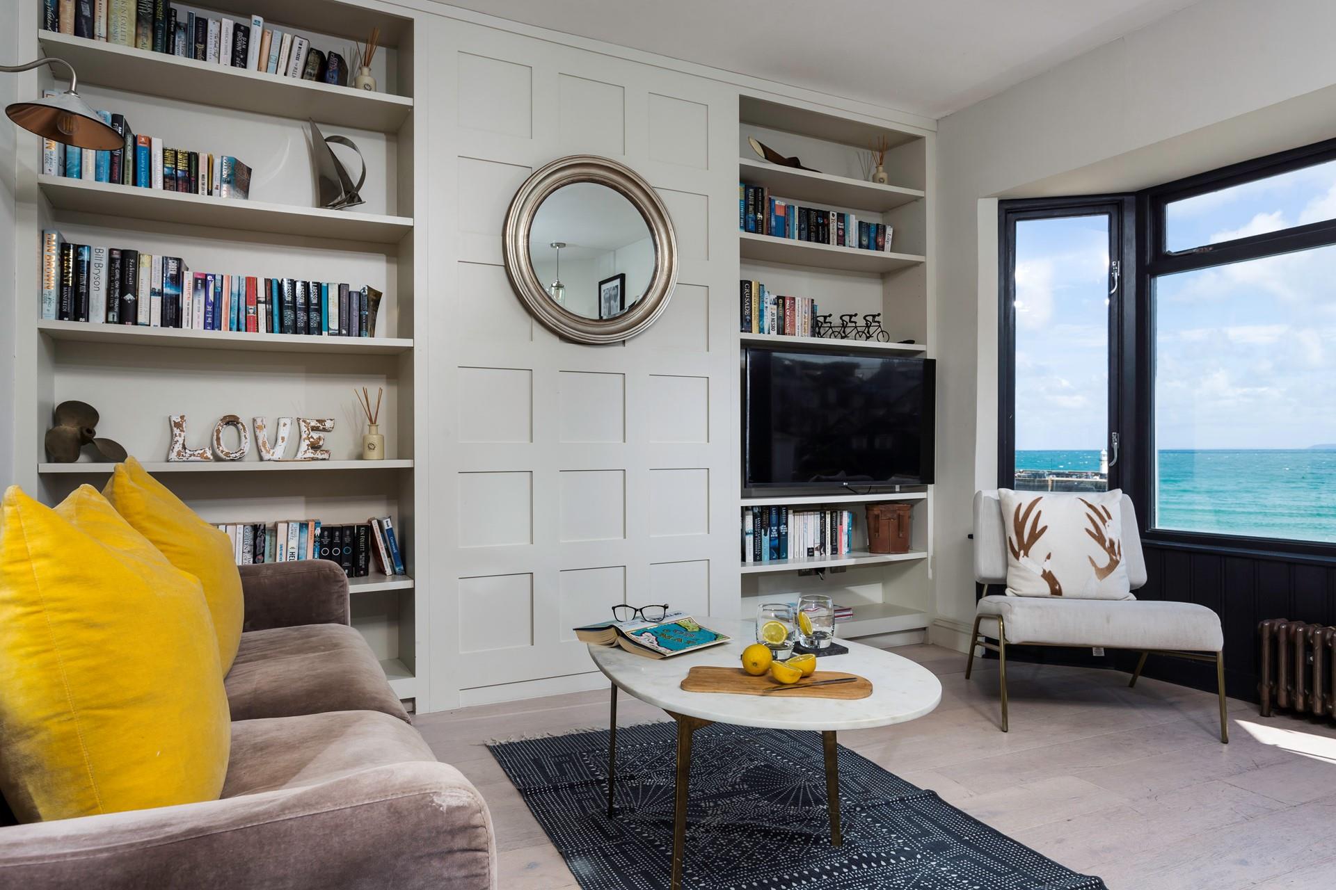 The stylish sitting room is the perfect spot to enjoy an evening drink.