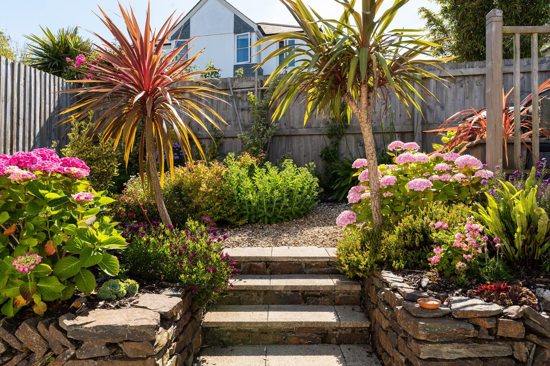 The garden blooms with colour in the sunshine.
