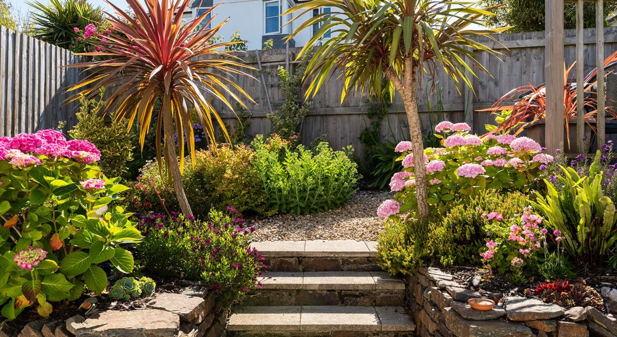 The garden blooms with colour in the sunshine.