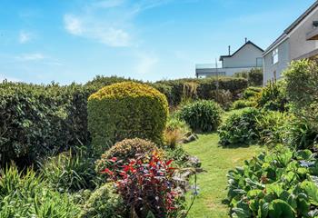 The enclosed garden is brimming with colourful plants.