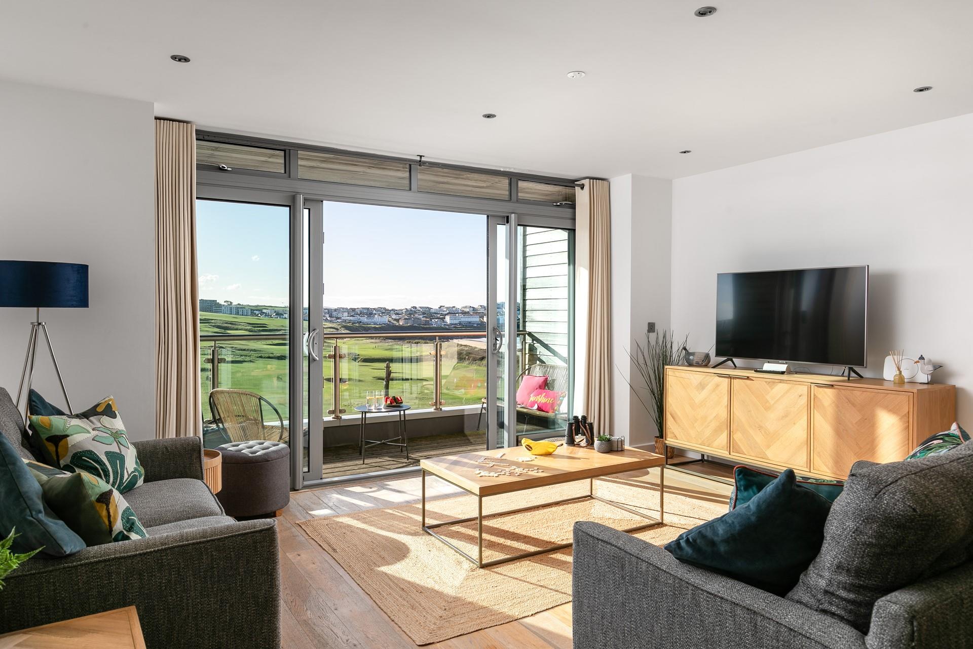 The spacious living area is light and bright.