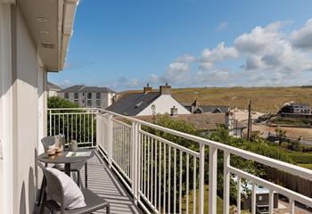 The balcony offers lovely views of the garden stretching across to Perranporth beach.