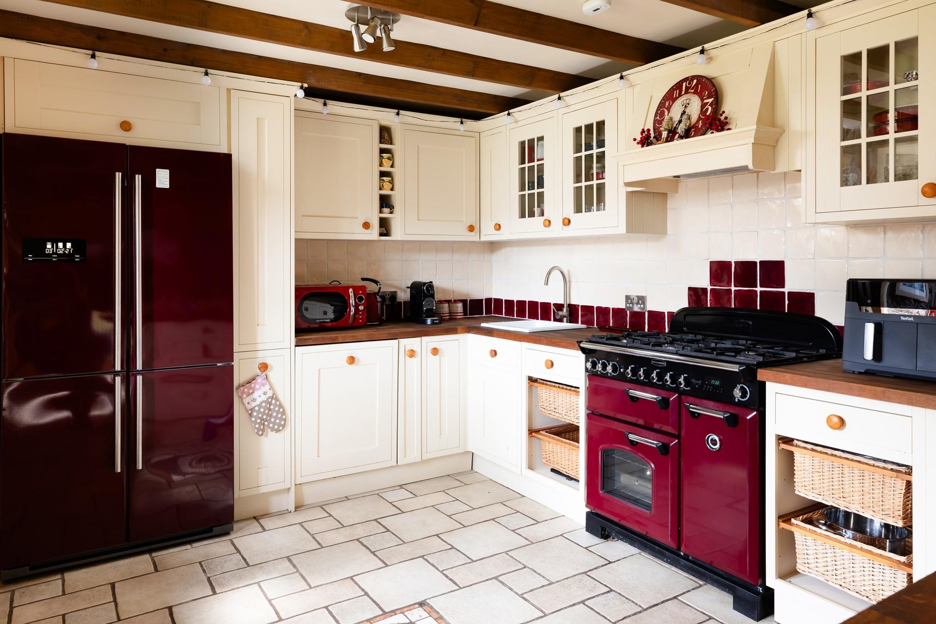 Rustic character and modern convenience come together in the kitchen. 