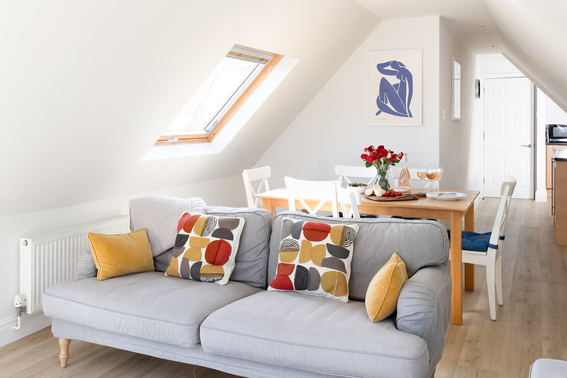 Light and airy with pops of colour throughout. 