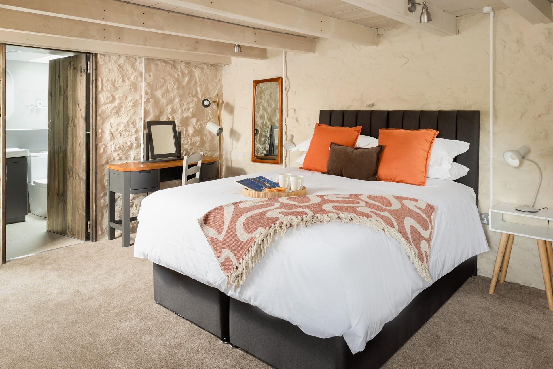 The bedroom is a calming sanctuary.