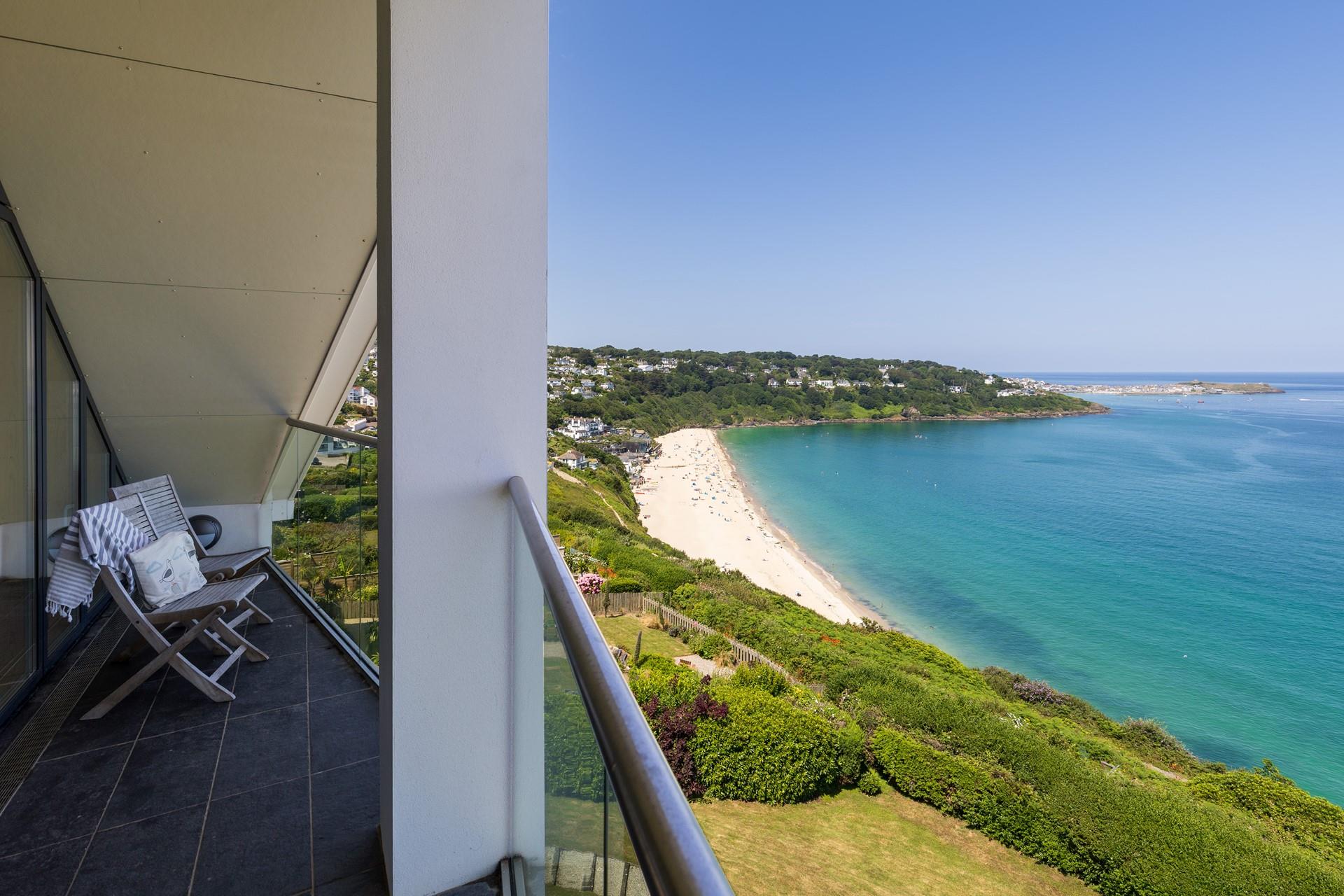 The impressive view looks across Carbis Bay beach and towards St Ives.
