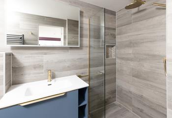 Step into the walk-in shower and rinse the salt off your skin. 